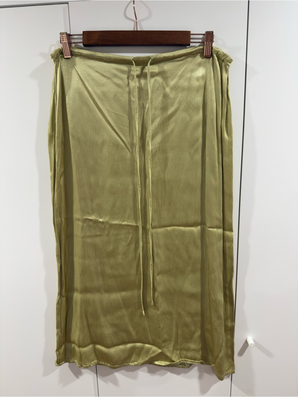 Olive Green Satin Midi Skirt with Drawstring Waist